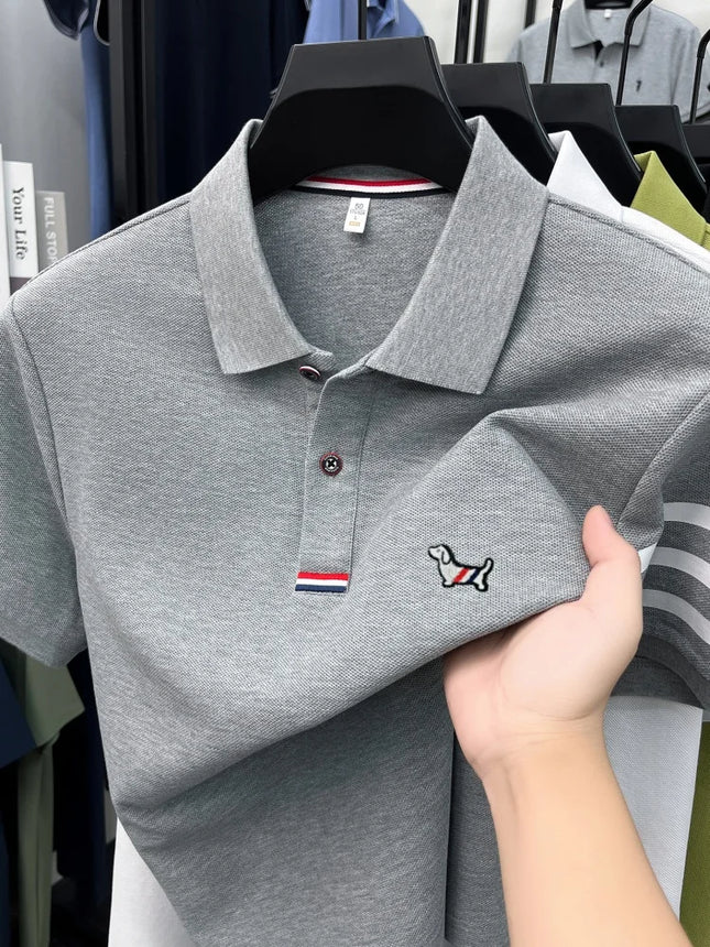 100% pure cotton short sleeve high-end brand cartoon dog embossed men's T-shirt summer new Korean casual breathable polo shirt
