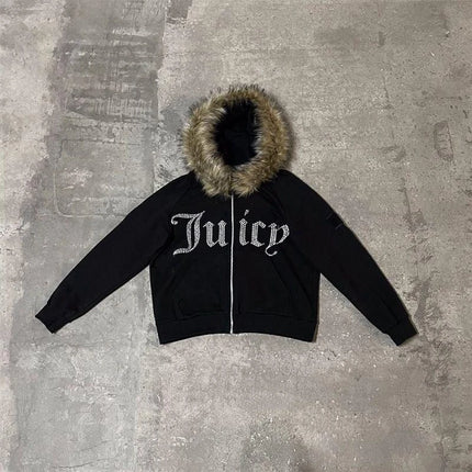 Harajuku y2k Millennial Hottie American retro fur collar piecing hoodie zipper hoodie female fall/winter hip hop zipper jacket