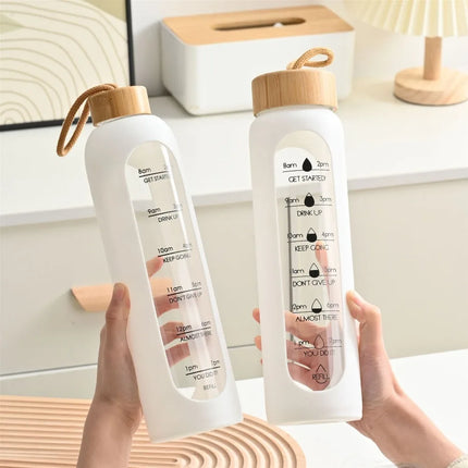 New 32oz 1L Time-marked Glass Water Bottles Bamboo Lid Free of Lead Motivational Sport Silicone Sleeve Portable Drink BottleGift