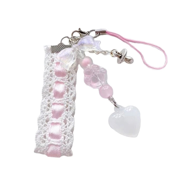 Dainty Lace Ribbon Keyring Cute Heart Pendant Keychain Colorful Beaded Phone Lanyard Multi-Functional Bags Accessories