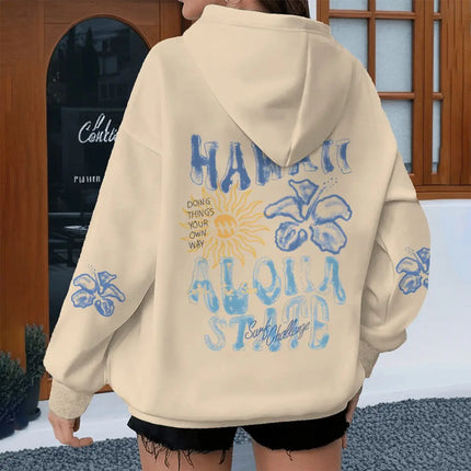 Fashion Ocean Beach Series Women's Hoodies Y2K Floral Letter Starfish Hooded Long Sleeve Loose Sweatshirts With Kangaroo Pocket