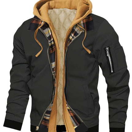 Spring Autumn Men's Hooded jacket, Fake 2-piece Design, Checkered Lining, Multiple Pockets, Warm and Casual, Suitable For Flying