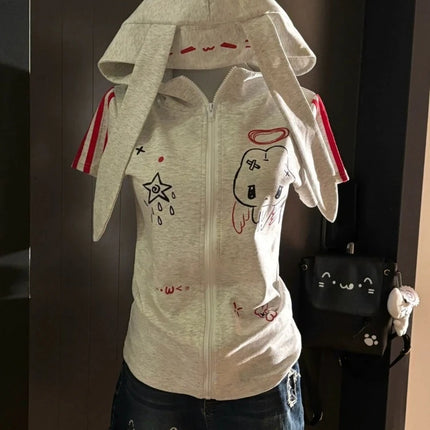 Japanese Cute Babes Slim Fit Cardigan Subculture Kawaii Ears Short Sleeve Hoodies Women Summer New Sweet Streetwear Grey Tops