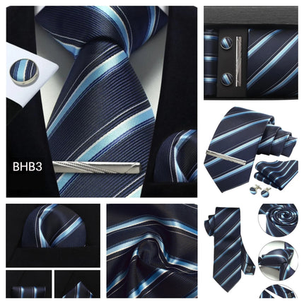 Classic 100% Silk Men's Ties In Gift box 8cm Plaid Dot Striped Business Necktie Handkerchief Cufflinks Wedding Party Tie Set