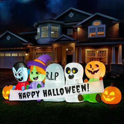 8 FT Long Pumpkin Ghost Vampire Witch Tombstone Inflatable Halloween Decor Outdoor Halloween Blow Up Decorations Inflatable  with LEDs for Yard Decorations