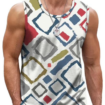 Mens Retro Geometric 3D Printed Tank Top Summer Casual Crew Neck Fashion Trend Sleeveless Vest Loose Breathable Sports Tops