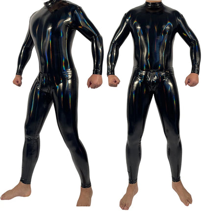 Mens Sexy PVC Leather Catsuit Latex Full Zentai Tight Catsuit Jumpsuit Zipper Open Crotch Wet Look Bodysuit Pole Dance Clubwear