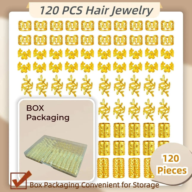 120PCS Rings Gold Cuffs Multi Style Hair Rings  Hair Beads for Braid Loc Dreadlock Accessories for Women and Girls