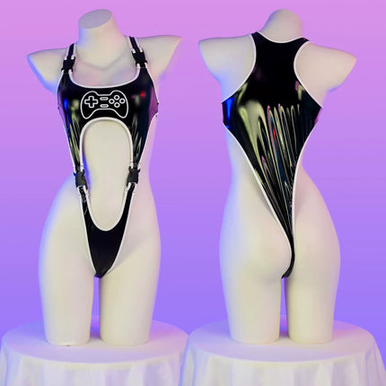 Anime Cartoon Game Controller PU Leather Bodysuit Cosplay Women Cyberpunk Sexy lingerie Shiny Club Wear Outfit