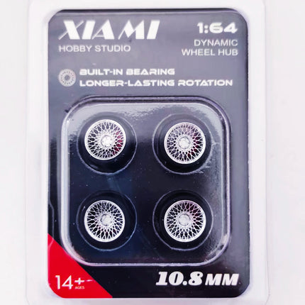 1 Set 10.8mm 1/64 Model Car Wheels for HW Ball Bearing Tires with Brake Disc Caliper Axles Rims for 1:64 Toy Models Tomica JDM