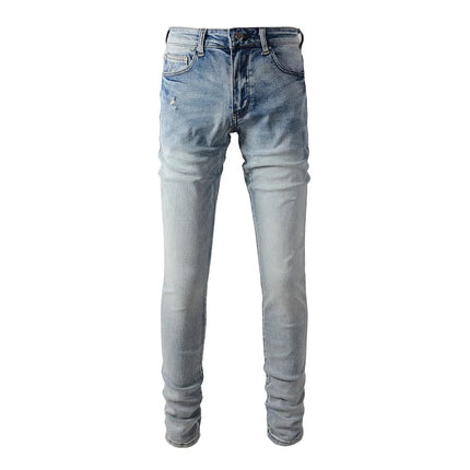 Men Classic Light Blue Stretch Denim Jeans Streetwear Vintage Ripped Cotton Pants Skinny Tapered Trousers