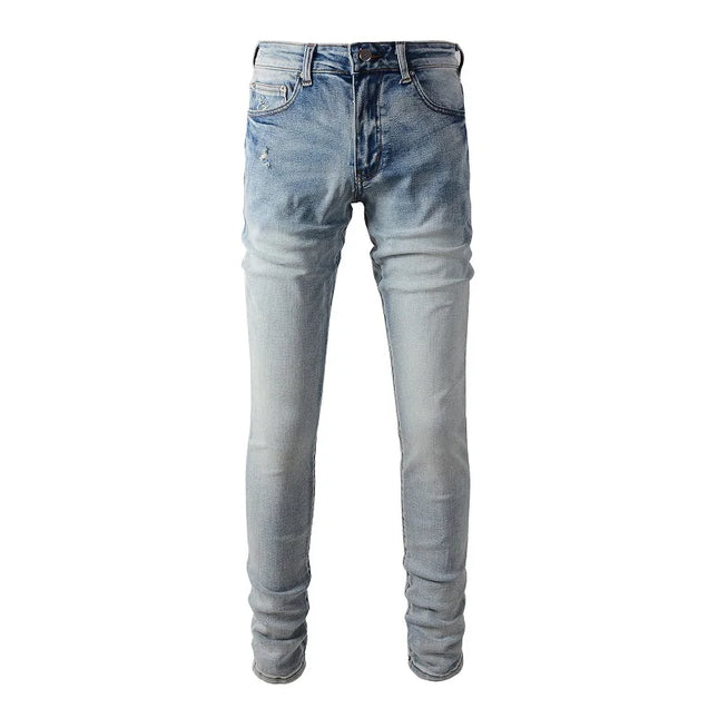 Men Classic Light Blue Stretch Denim Jeans Streetwear Vintage Ripped Cotton Pants Skinny Tapered Trousers