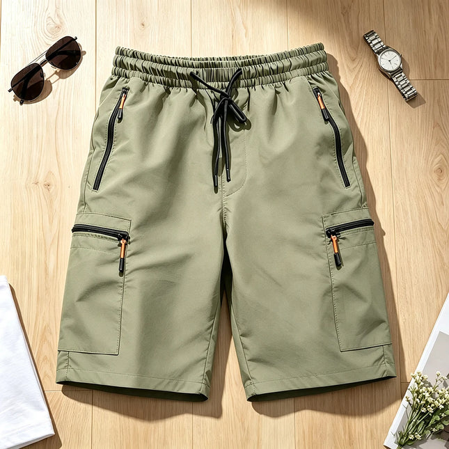 Mens Quick Dry Cargo Shorts 4 Pockets Zipper Elastic Waist Drawstring Lightweight Outdoor Casual Street Tactical Jogging EU Size
