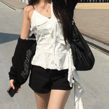 Unique SEI Korean Style Summer Irregular Lace Trim Splice Slimming Strap Top Rivet Denim Shorts Women's Commute Straight Leg Fit