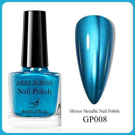 MEET ACROSS 8ml Glass Bottle Metallic Nail Polish Super Silver Gold Mirror Effect Nail Art Polish DIY Manicure Without Lamp