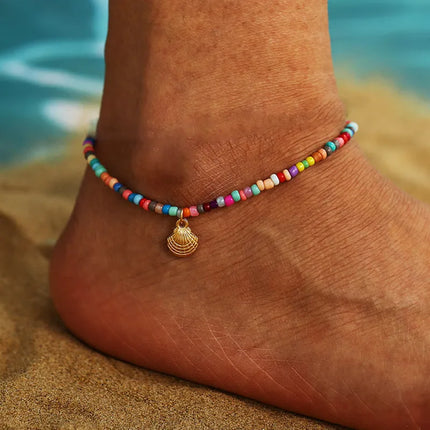 Modyle Bohemian Colorful Beads Shell Anklets for Women Summer Ocean Beach Ankle Bracelet Foot Leg Jewelry