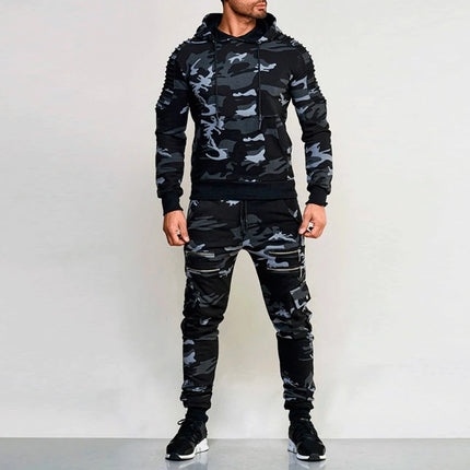 Camo Men Tracksuit Hooded Outerwear Hoodie Set 2 Pieces Autumn Sporting Male Fitness Camouflage Sweatshirts Jacket + Pants Sets