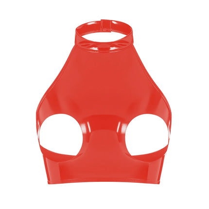 Sexy Women Halter-neck Hollow Out Lingerie Open Cup PVC Leather Crop Tops Wet Look Latex Bras Clubwear Exotic Backless Camisoles