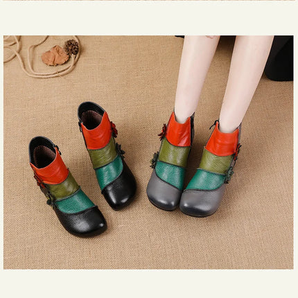 WOIZGIC Mother Women's Genuine Leather Boots Female Ankle Shoes Zipper Ethnic Style Autumn Plush Fur Warm Flower