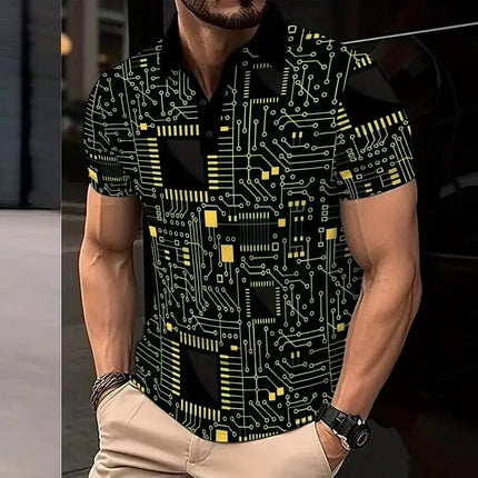 New Circuit Board Pattern Men's Short-Sleeved Polo Shirt 3D Color Block Printing Summer Short-Sleeved Lapel Top