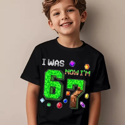 Summer Kids Short Sleeve Tops Children Cotton T-Shirt 'I WAS 6 NOW I'M 7' Birthday Print Casual Versatile Boys Streetwear Tshirt