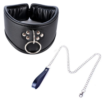 Leather BDSM Bondage Posture Neck Collar With Pullring Lockable Chastity Belt,Adjust Collar Ring Slave Neck Harnes Strap Sex Toy