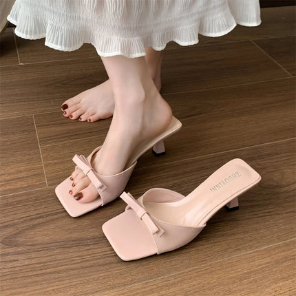 Designer Women Square Toe High Heel Slippers Fashion Butterfly-knot Dress Shoes Summer Stripper Mules Slides Zapatos De Mujer