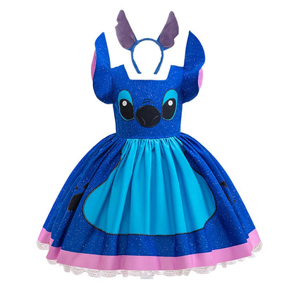 Stitch Character Cosplay Dress for Kids Girls Lilo & Stitch Blue Sparkly Dress with 3D Ears for Halloween Birthday Party