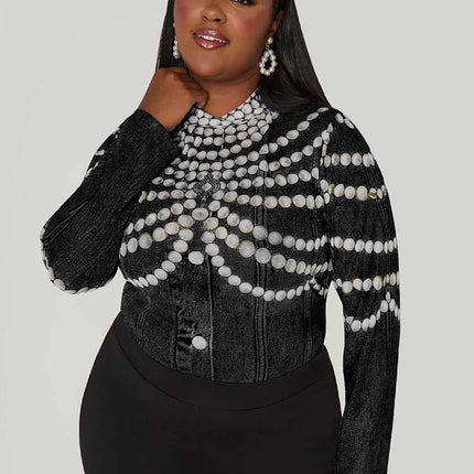 Tops Plus Size Woman Autumn Cute Long Sleeve Top Beads Printed Round Neck High Waist Shirts and Blouses Wholesale Dropshipping
