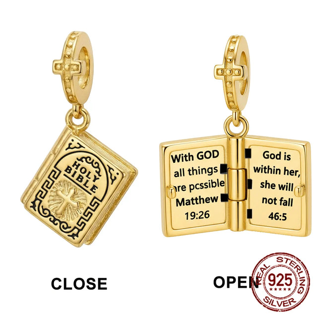 925 Sterling Silver Hope and Salvation Book Golden Holy Bible Cross Religion Pendant Fit Charms Bracelets Women DIY Jewelry Gift