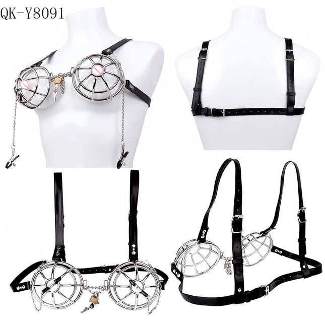 QKKQ Breast Cover With Nipple Clamp Nipples Covers Female Chest Hood Harness Metal Bra Teat Clips BDSM Sex Toys For Women 18+
