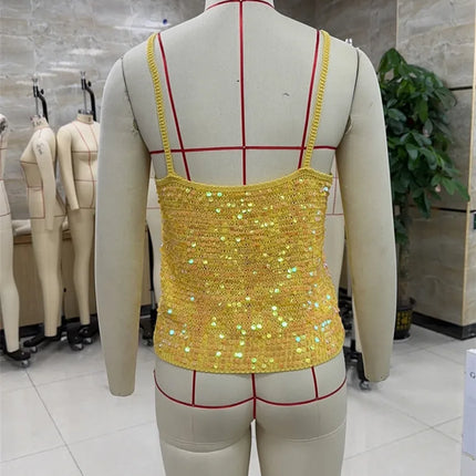 hirigin Sequin Crochet Crop Tops Women Summer Beach Knitted Smocked Camis Sparkly Glitter Backless Cover-up Crop Tops Vest