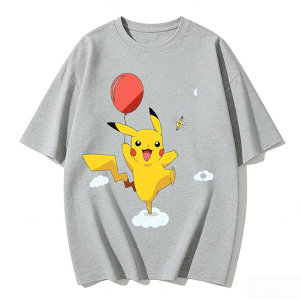 2026 New Cute Pikachu Balloon Print T Shirt Unisex Loose Casual Tee Men Women Kids Family Matching Short Sleeve Tops Streetwear