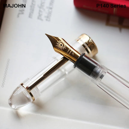 MAJOHN P140 Transparent Fountain Pen Sun Nib Metal Copper Piston Light Resin Body PK X159 9019 Stationery School Supplies