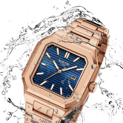 NIBOSI Luxury Square Fashion Men's Wristwatch Waterproof Luminous Date Week Quartz Men's Watches Stainless Steel Men's Watch Reloj