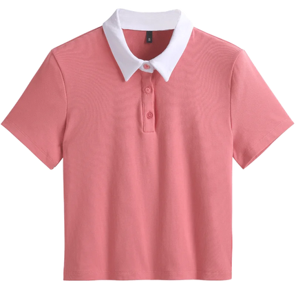 Summer New Cotton Polo Shirt Solid Color Polo Neck Short Sleeve High Waist Short Style Slim Fit Fashion Casual Women's Shirt