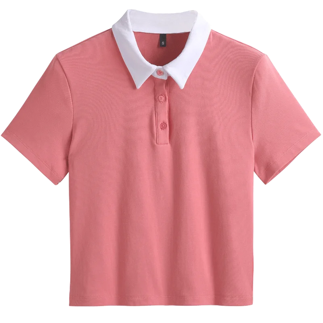 Summer New Cotton Polo Shirt Solid Color Polo Neck Short Sleeve High Waist Short Style Slim Fit Fashion Casual Women's Shirt