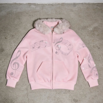 Women's Casual Daily Outerwear Pink Embellished Music Score Print Faux Fur Trim Hooded Full Zip Sweatshirt 2026