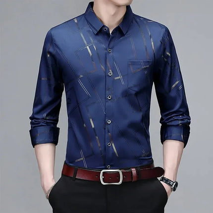 Men's Casual and Fashionable Long Sleeved Printed Shirt, Non-Iron and Wrinkle Resistant Business Top
