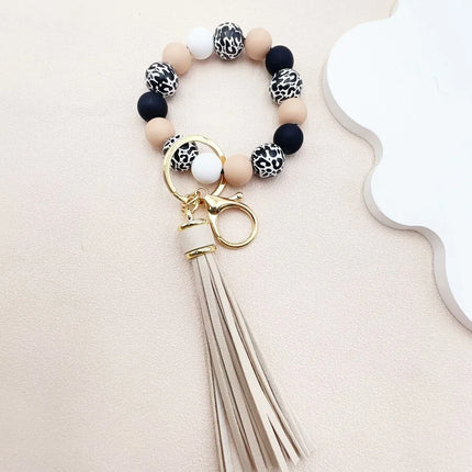 Leopard Print Silicone Bead Keychain With PU Tassel Bag Charm For Adults