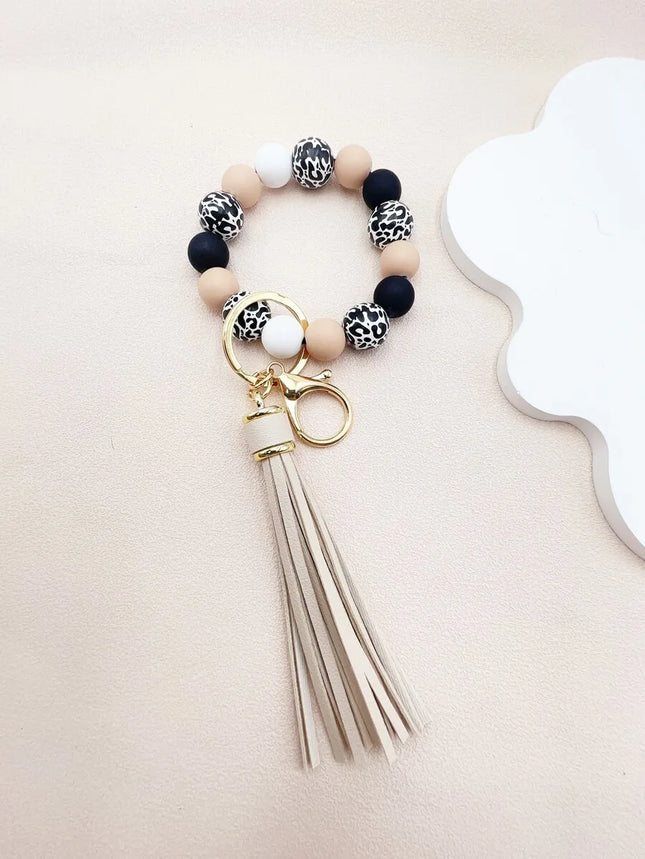 Leopard Print Silicone Bead Keychain With PU Tassel Bag Charm For Adults