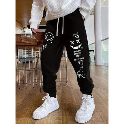 Autumn New Men'S Creative Smiley Face Personalized Letter Pattern Printed Casual Jogger Sweatpants With Drawstring Waist