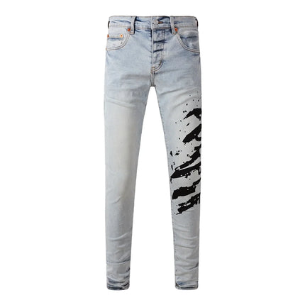High Street American Distressed Men's Jeans Fashion Brand Coated Blank Stretch Skinny Button Fly Ripped Pants Trousers