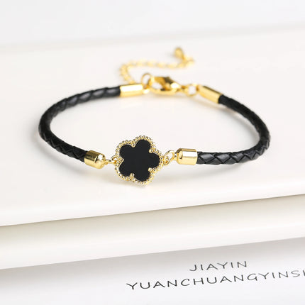 Classic Genuine Leather Woven Natural Stone Five Leaf Flower Charm Bracelet Fashion for Women Girls Party Wedding Jewelry Gift