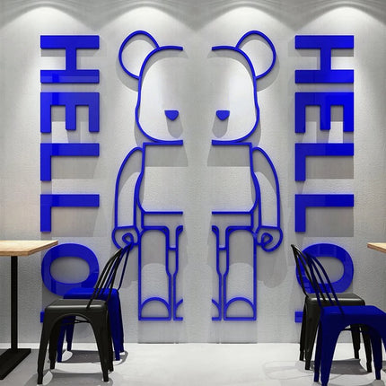Cartoon Bear Wall Sticker with Hello Letter Acrylic Mirror Wall Decal Self-adhesive DIY Living Room Bedroom Home Decor
