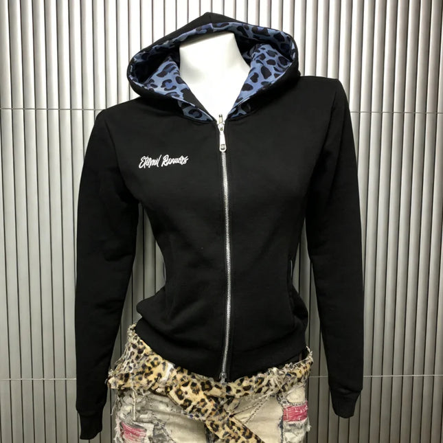 European and American Style Trendy Simple Versatile Y2K Letter Print Blue Leopard Print Brim Zipper Hoodie Jacket