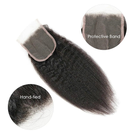 Kinky Straight 4x4 Lace Frontal Closure 100% Human Hair Yaki Straight 4x4 Lace Frontal Preplucked Natural Black  for Women