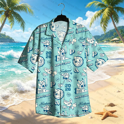 Poke-mon Kanto 2026 Hawaiian Shirt Men Women Shirt Pikachu Anime Summer Beach Button Up Casual Short Sleeve Kids Shirt Tops