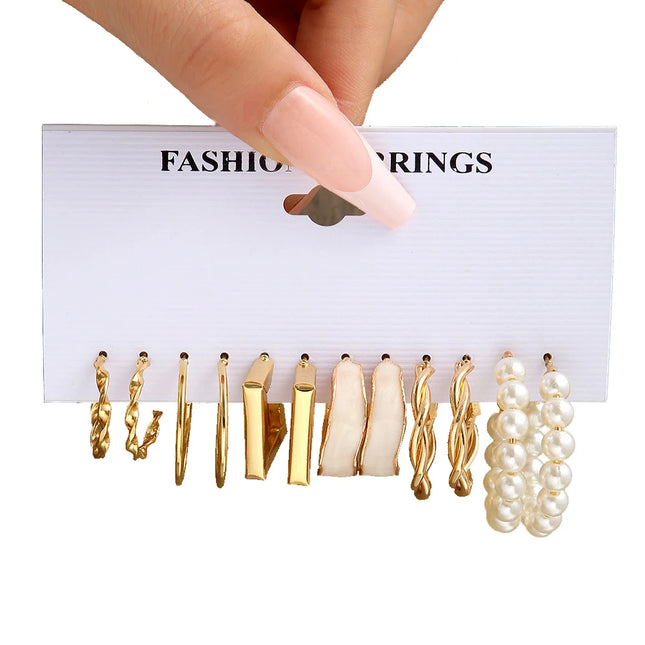 LATS Boho Big Circle Hoop Earring Set for Women Gold Color Bohemia Vintage Pearl Square Earring Heart Zircon Ear Studs Jewelry