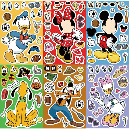8/16sheets Disney Mickey Minnie Make a Face Puzzle Stickers Cute Cartoon DIY Assemble Jigsaw Toy Party Game Reward Sticker Gifts